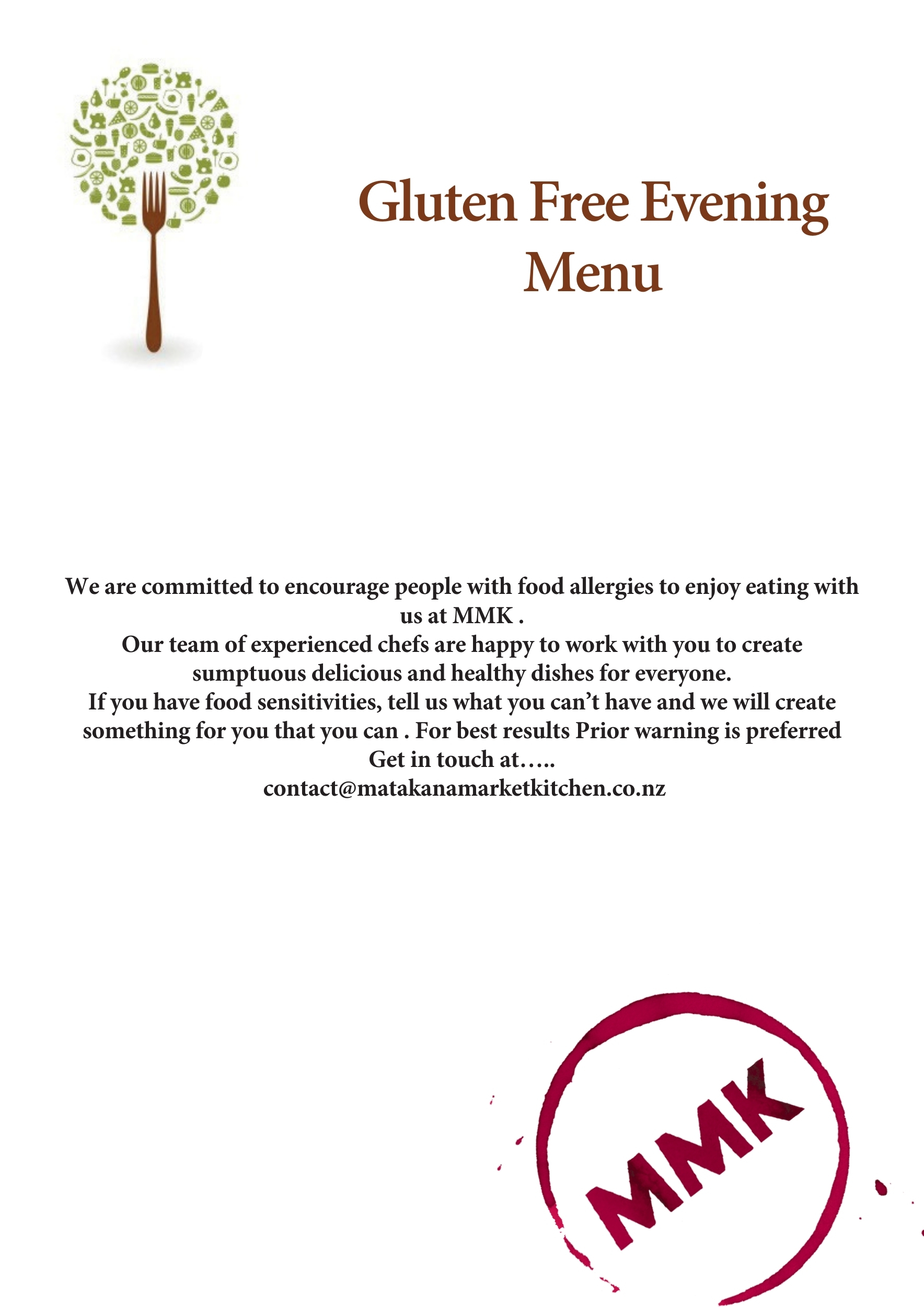 Matakana Market kitchen gluten friendly evening menu page 1